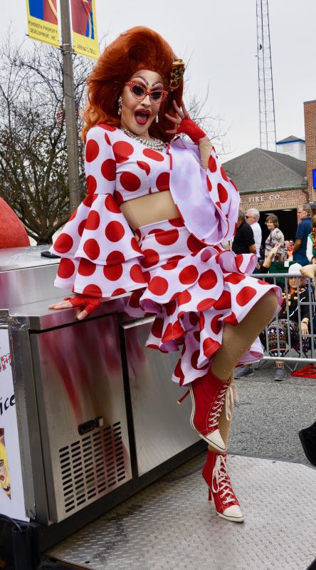 Magonlia Applebottom, the 2019 Best Rehoboth Drag Queen, is one hot slice on the gettaPizzathis float. RON MACARTHUR PHOTO