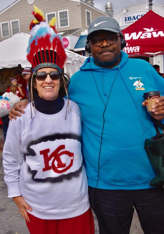 Pam Cannon, left, is ready to plunge with Michael Bowe of Milford. Cannon knows how to pick a winner, as the Chiefs won the Super Bowl later that night. RON MACARTHUR PHOTO