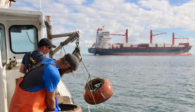 Shawn Moore (back) has to keep an eye out for tankers and freighters in the shipping lanes near where he often sets his strings of pots. Crew member Zandar Planches checks a pot.