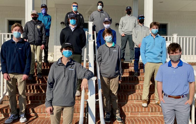 The 2021 Cape Henlopen High School golf team gets ready. In back are (l-r) volunteer coach Reed Jones, assistant coach William Geppert, head coach Robert Harrod and assistant coach Michael McGinley. In fourth row are Dylan Baker and Seth Reynolds. In third row are Forest Dotterer and Ethan Mercer. In second row are Dylan Steinwedel, Flynn Kalb and Christopher Williams. In front are Thomas Burn and Quinn McCullough. FRITZ SCHRANCK PHOTO