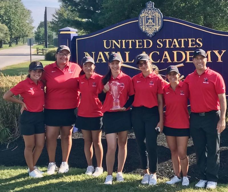 The Lady Hornets of Delaware State University’s women’s golf team tied for fourth at the Navy Invitational, held Oct. 2-3 at the Naval Academy Golf Course in Annapolis. Pictured are (l-r) Julie Gauvin, Amber Pennington, Elle Kluaymaingarm, Invitational Individual Champion Nattavadee Khunsri, Estelle Verny, Taylor Simoneau and DSU head coach Rick McCall Jr. SUBMITTED PHOTO