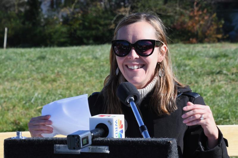 DelDOT Secretary Nicole Majeski celebrates the opening of a new trail section in Georgetown. Eight miles of the 17-mile trail are completed.