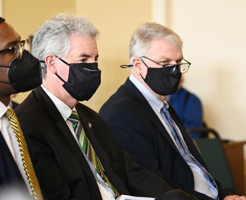Department of Natural Resources and Environmental Control Secretary Shawn Garvin, left, sits with former DNREC Shoreline Administrator Tony Pratt at the environmental hearing. NICK ROTH PHOTO
