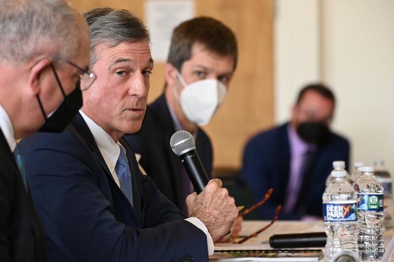 Gov. John Carney talks about Delaware’s Climate Action Plan at an environmental hearing with Sen. Tom Carper and Rep. Lisa Blunt Rochester Feb. 23 at Bethany Beach Town Hall. NICK ROTH PHOTO