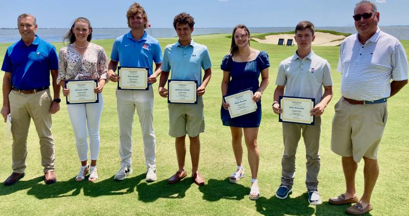The Delaware Junior Golf Scholarship Fund awarded its 2022 grants during a July 12 ceremony at Rehoboth Beach Country Club. Shown are (l-r) Jerry Medd, DJGSF president; Hannah Lydic, University of Richmond; Evan Barbin, Liberty University; Anthony Ciconte, West Virginia University; Kayla Brosius, Niagara University; Seth Reynolds, North Carolina State University; and Brian Barrows, DJGSF vice president. SUBMITTED PHOTOS