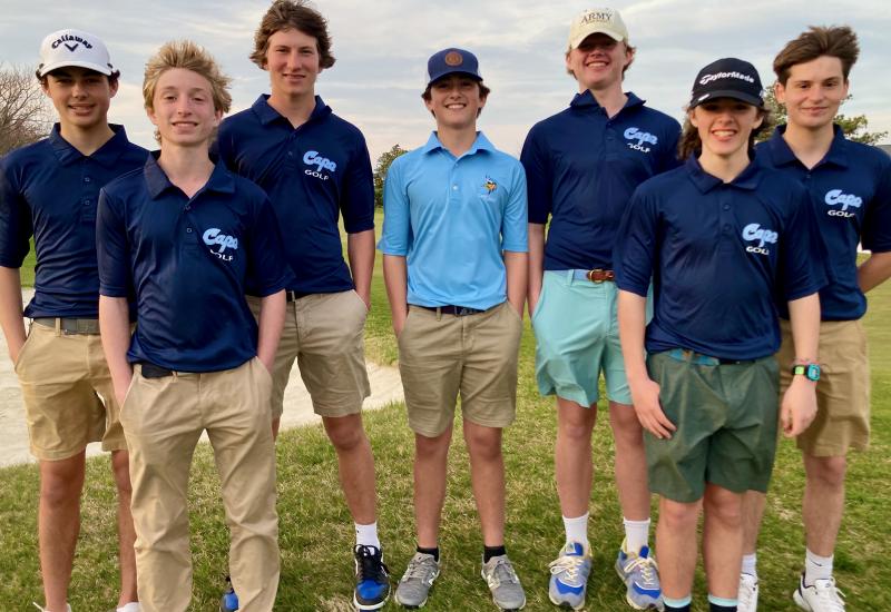 A different group of Cape golfers defeated Woodbridge April 5 at Rehoboth Beach Country Club, bringing the team’s 2023 record to 3-3 after three straight losses. Shown are (l-r) Edward Ghabour, Travers Johnson, Brendan Staggs, match medalist Dalen Daminger, Dru Schneider, Joseph Skelly and Paul Reed. Not shown is Quinn Rae. FRITZ SCHRANCK PHOTOS