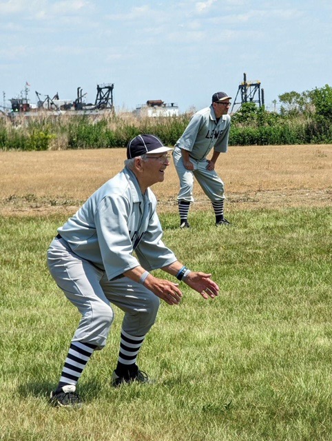 Warren “Yankee” Miller played third base for the Lewes Base Ball Club until September 2023. He is fielding the position with Mike “Oyster” DiPaolo in the background. DiPaolo gave the humble Miller the nickname Yankee. SUBMITTED PHOTO