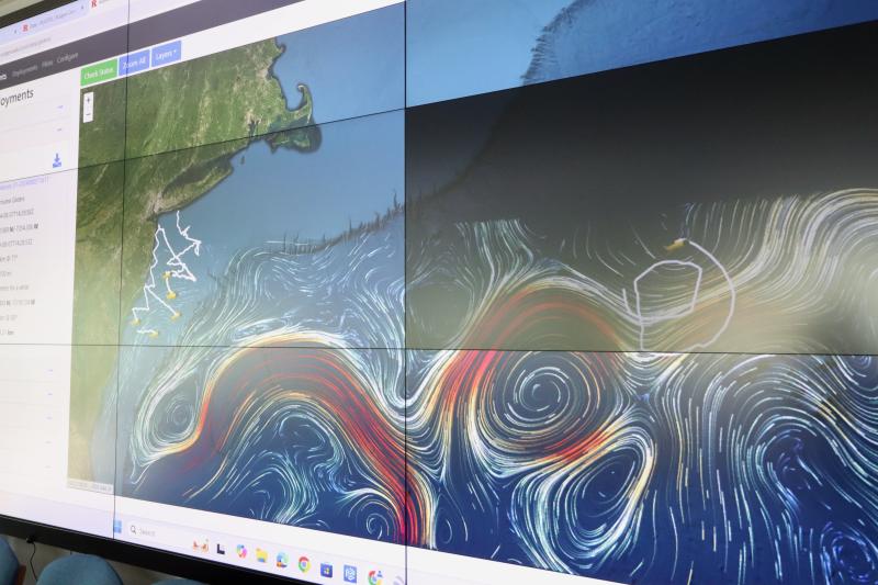 A real-time map shows locations of research gliders off the Delaware coast, represented by the white lines on the far left, that were transmitting data about ocean conditions as remnants of Hurricane Debby approached the area.