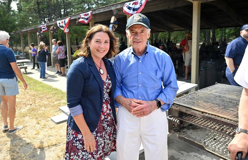 House District 14 candidate Claire Snyder-Hall, left, greets Sen. Tom Carper as he arrives at the Democratic Jamboree.