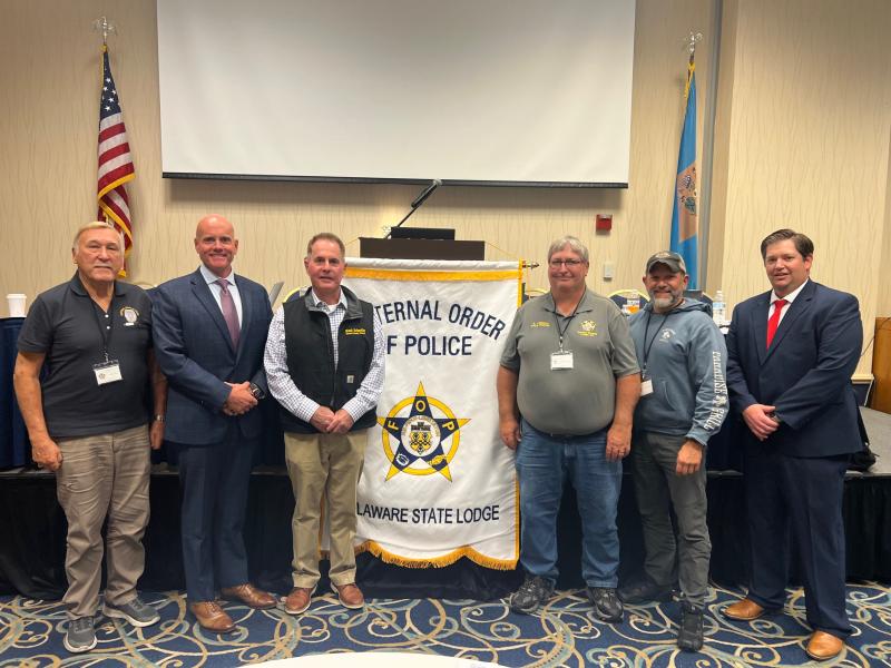 Gathered at the Delaware Fraternal Order of Police meeting are (l-r) Al Weir, FOP Lodge 2 chaplain; Jamie Leonard, Delaware Lodge president; Mark Schaeffer, Republican incumbent running for Sussex County Council District 3; Sherman Littleton, Lodge 2 liaison to state lodge; Todd Smith, FOP Lodge 2 vice president; and Justin King, Delaware FOP editor. SUBMITTED PHOTO