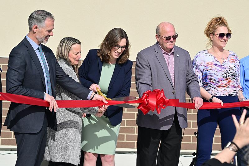 The ribbon is cut and the building is now open. Shown are (l-r) Steve Page, Sun Behavioral Health CEO; Ann Wayne, Sun Behavioral Delaware CEO; Congresswoman Sarah McBride; Georgetown Mayor Bill West; and Courtney Jarusinski, Georgetown Chamber of Commerce board member.