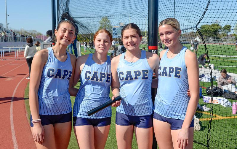 Winning the girls’ 4x800 relay are (l-r) Maile Godwin, Logan Crotty, Claudia Stazzone and Isabel Masterangelo. They finished in 10:19.