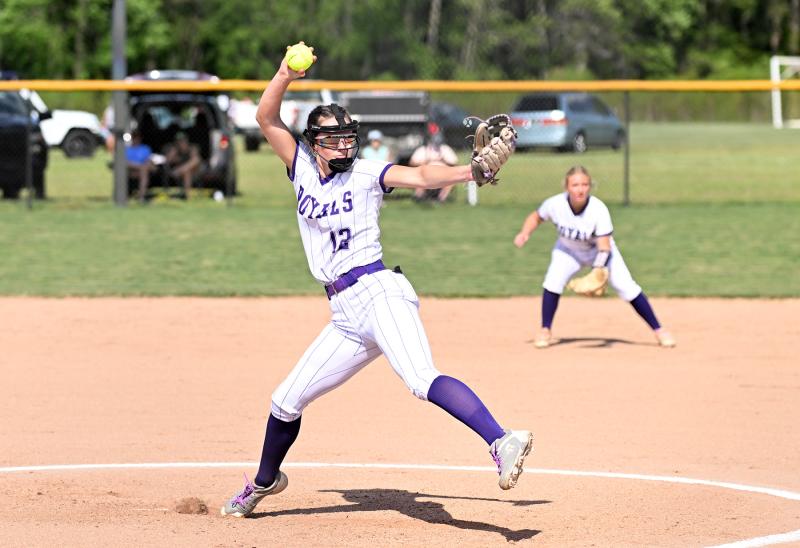 Delmarva Christian senior Taylor Lowe delivers to the plate in the Vikings’ 10-2 win over the Royals.
